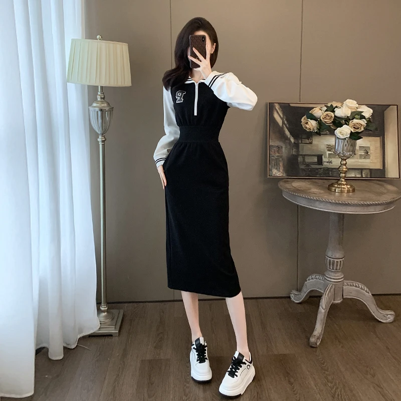 黑色高档长袖卫衣连衣裙女秋冬收腰显瘦气质高级感赫本风长款裙子