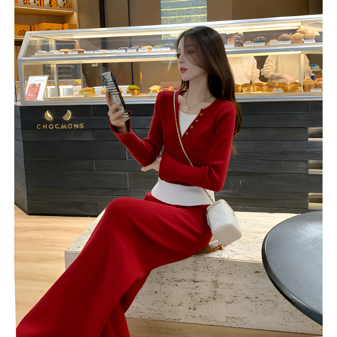 红色针织时尚套装女秋冬修身显瘦减龄内搭网红炸街阔腿裤两件套