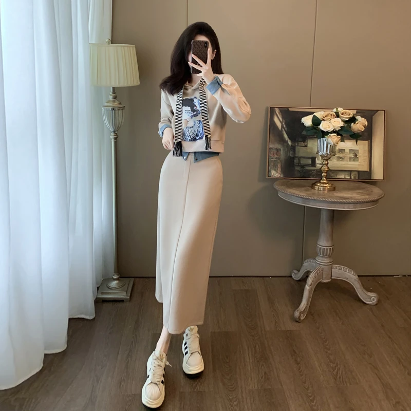 秋冬季一整套女装高档气质套装裙时尚洋气高级感卫衣半身裙两件套