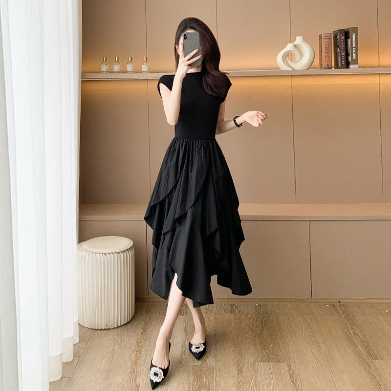 赫本风黑色无袖连衣裙女夏季收腰显瘦气质小黑裙长款独特漂亮裙子