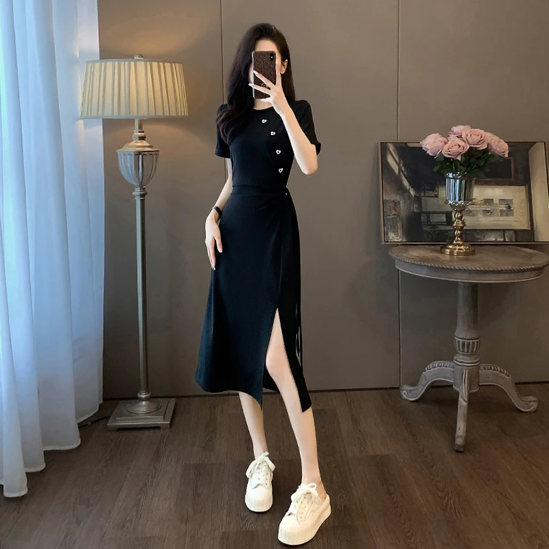 黑色女士短袖连衣裙女夏天显瘦气质绑带收腰赫本风小黑裙休闲裙子