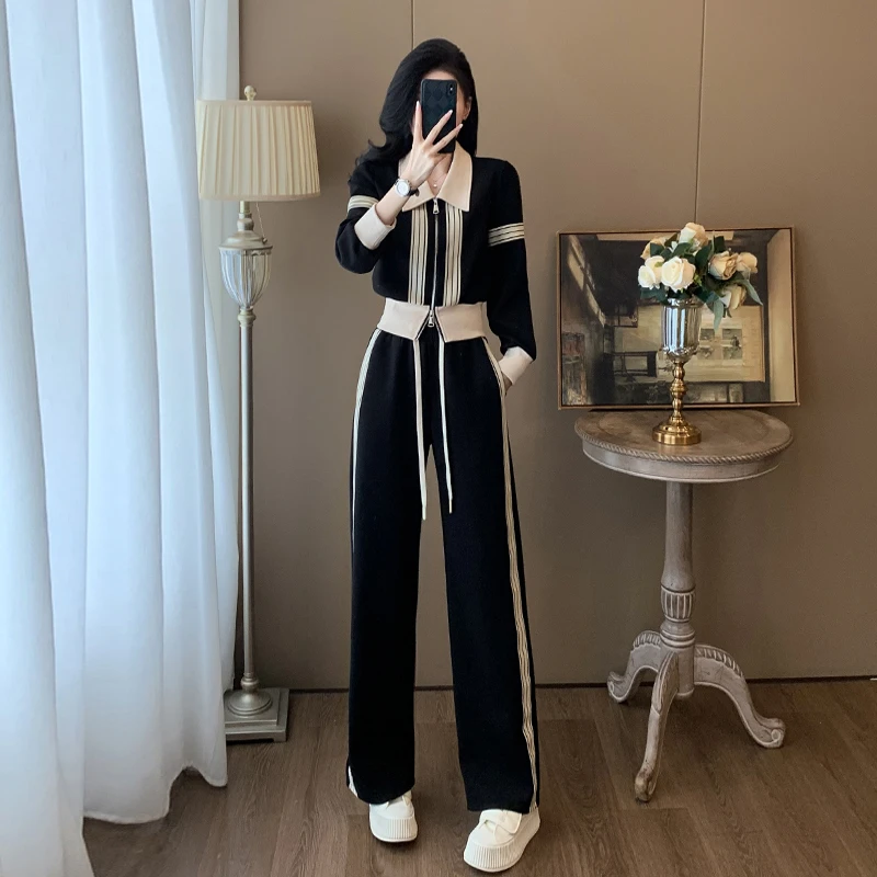 黑色休闲时尚套装女春秋宽松显瘦洋气减龄运动卫衣阔腿裤两件套