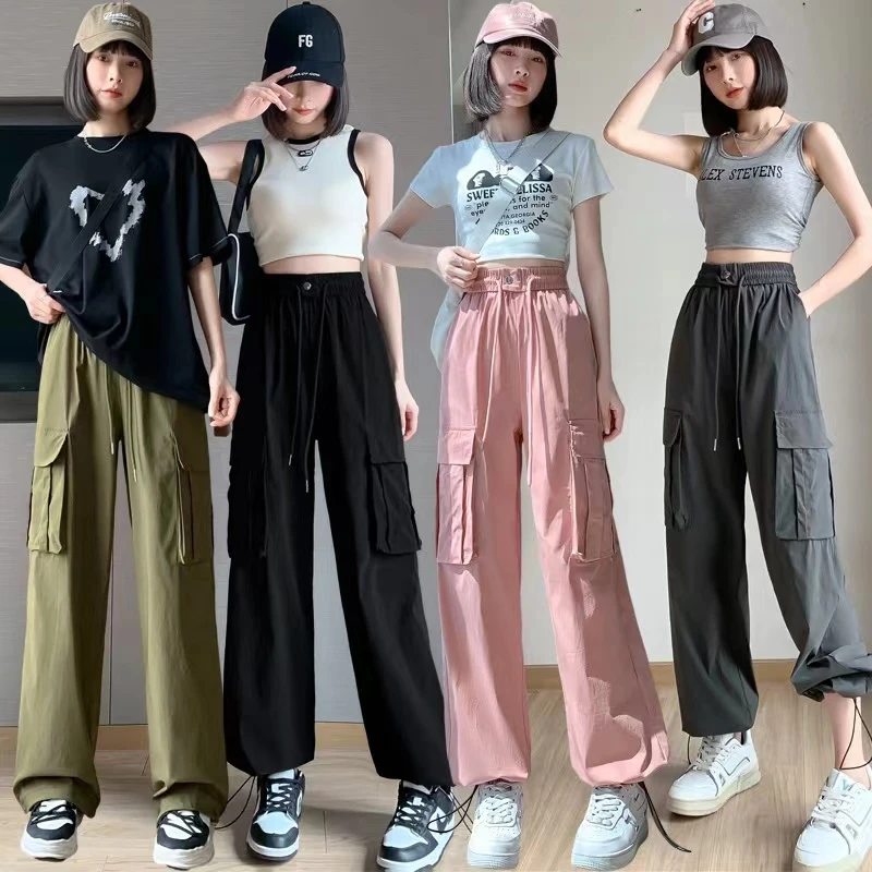 实拍美式黑色工装裤女百搭夏季新款速干高腰宽松束脚阔腿休闲裤