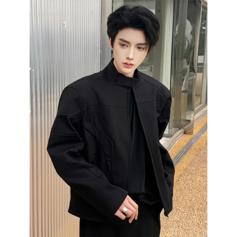 黑色短款垫肩外套男款痞帅高级感cleanfit男模穿搭廓形立领夹克衫