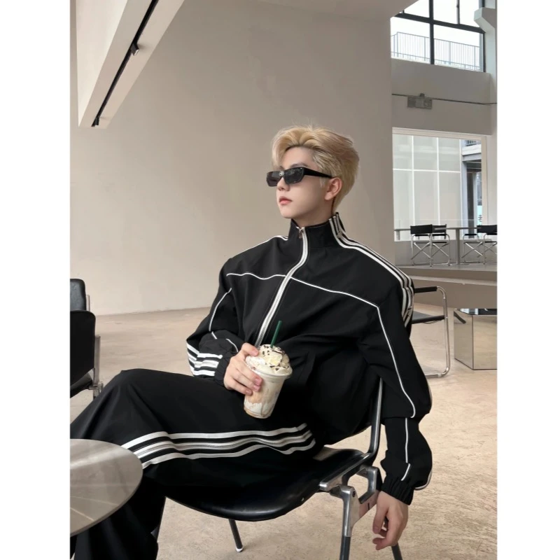 美式复古拉链条纹运动外套潮牌欧美街头裤子男vintage高级感套装