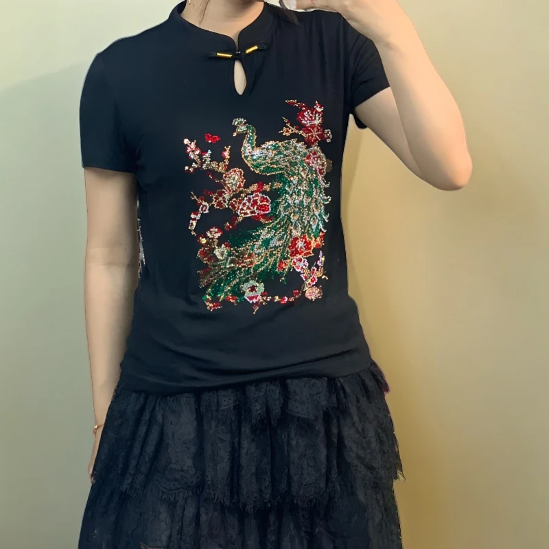 夏季新款国风新中式孔雀烫钻短袖T恤时尚夏季新中式轻奢气质大码