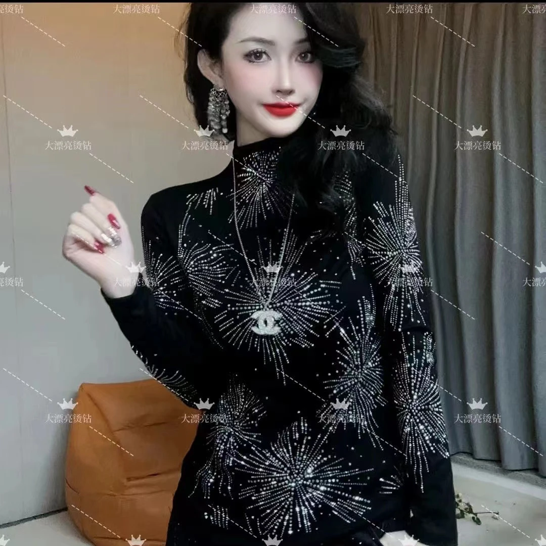 【银色烟花加绒】半高领打底衫女内搭2024秋冬款时尚烫钻上衣修身权