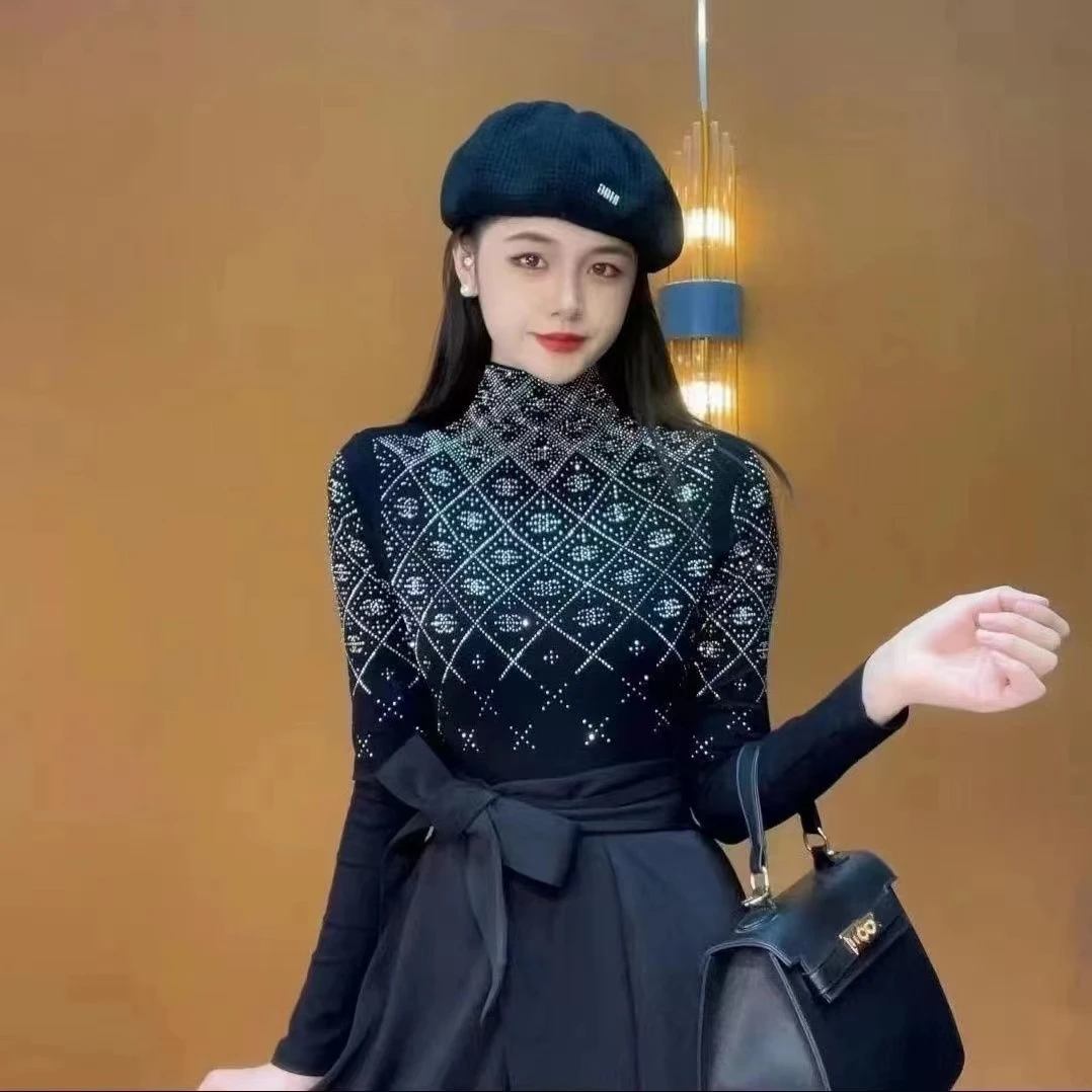【专属定制】【满钻】秋冬新款半高领打底衫内搭时尚烫钻上衣修身权