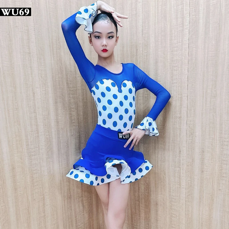 时尚儿童长袖连体女孩拉丁舞舞蹈服艺考演出服练功舞服新蓝色春夏
