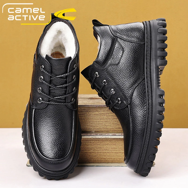 骆驼动感高帮皮鞋男冬季真皮羊毛加绒保暖雪地靴商务休闲爸爸棉鞋