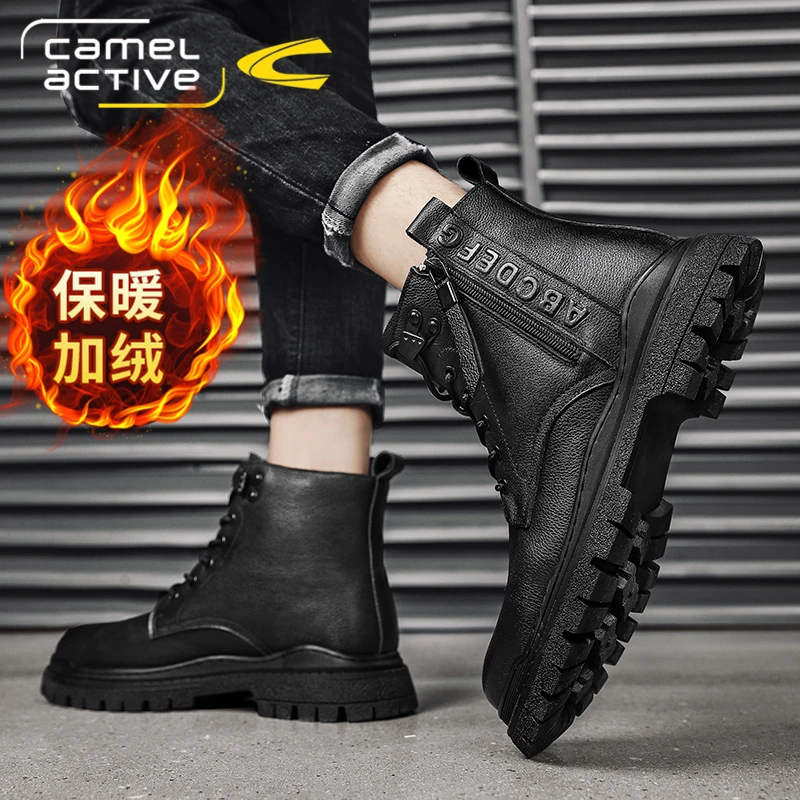 骆驼动感马丁靴男冬季加绒加厚真皮高帮工装靴男英伦厚底中帮皮靴