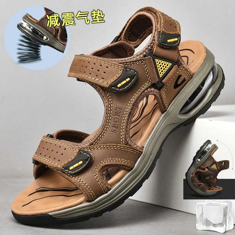 骆驼动感凉鞋男真皮夏季防滑中年爸爸老人鞋头层牛皮沙滩鞋男户外