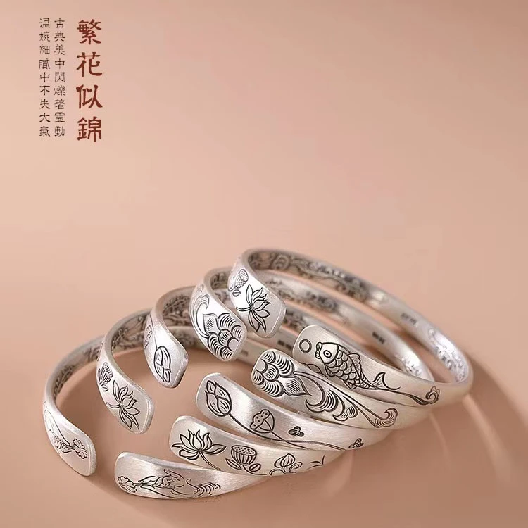 合金手镯 复古民族风足银手环纯手工浮雕镯子佛手莲花莲蓬实心