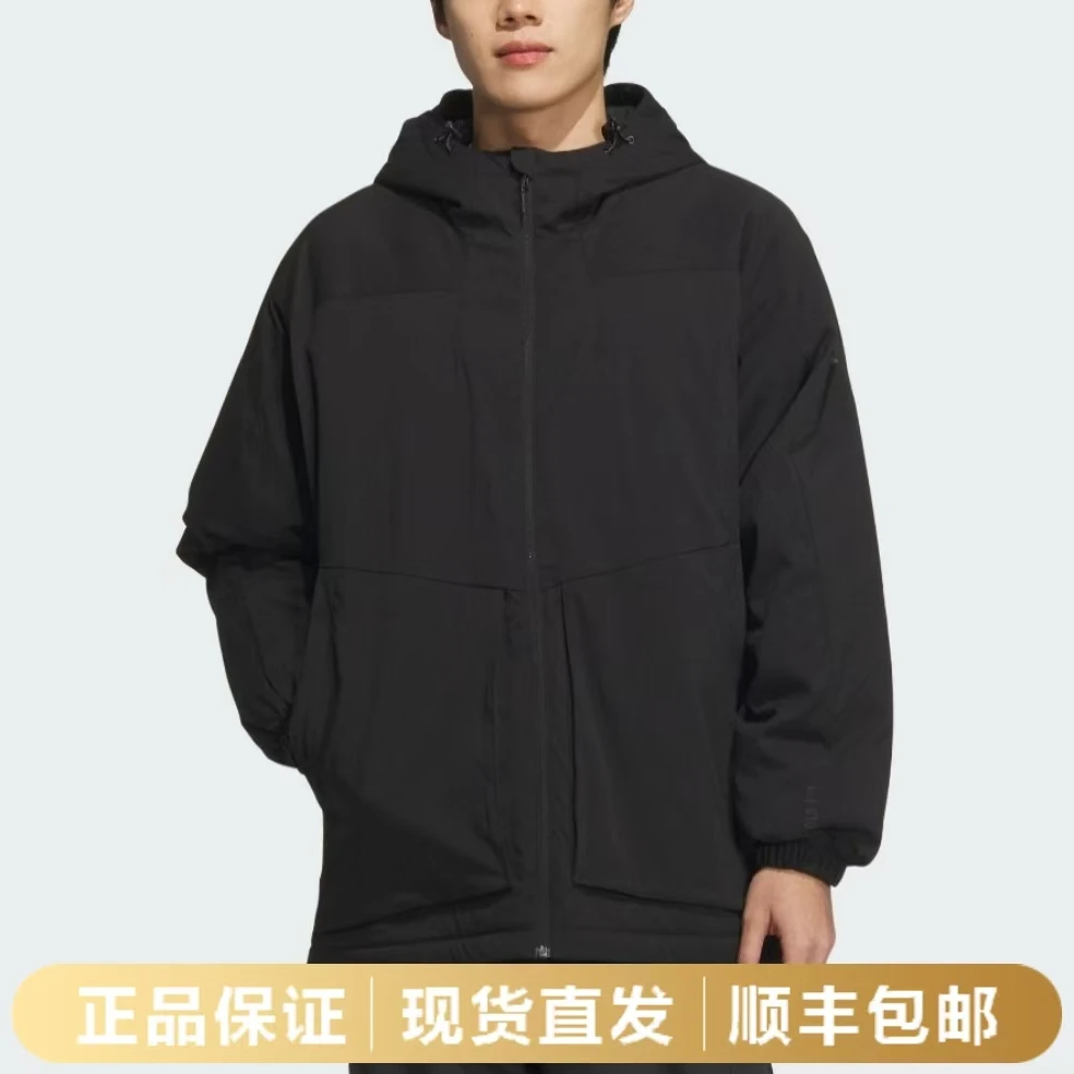 adidas/阿迪达斯男款黑色运动休闲短款连帽棉服JY4195