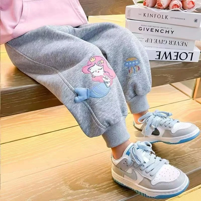 儿童裤子加绒2025新女童卡通水母鱼尾刺绣春款卫裤学生外穿长裤