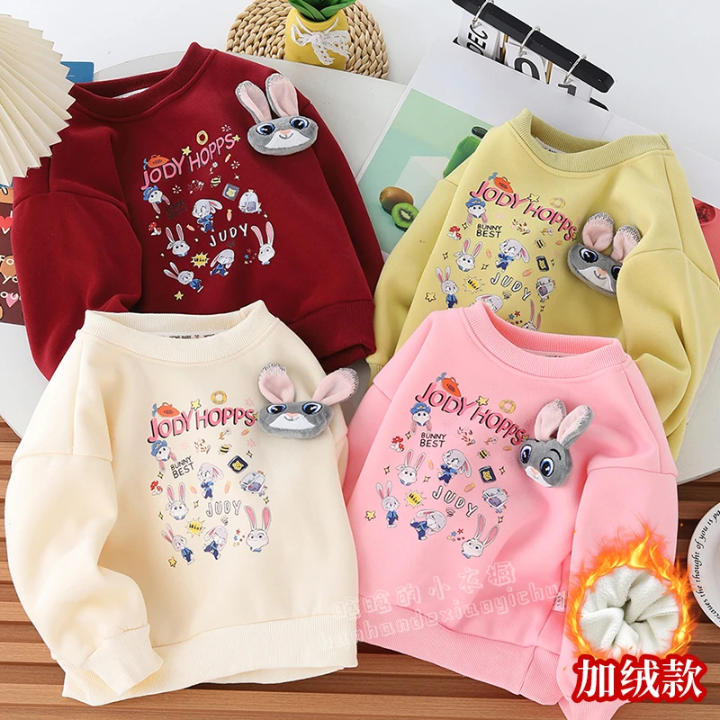 儿童秋冬款加绒卫衣宽松休闲版保暖上衣女童卡通印花长袖学生外穿
