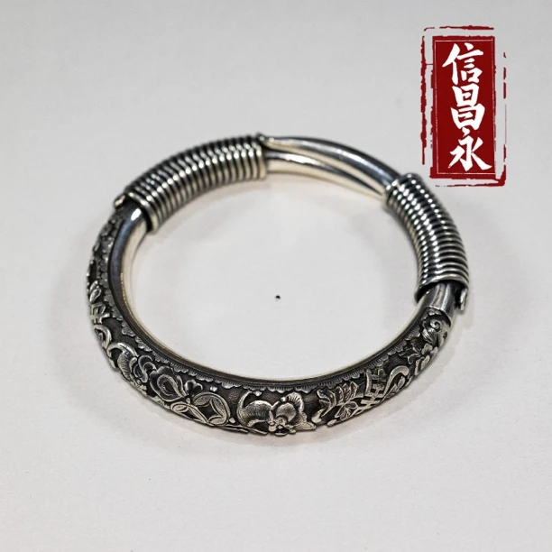 足银手镯 主播主推款，纯手工錾刻活口手镯