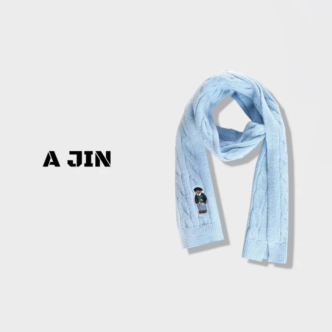 730500【遇见美好】经典麻花复古绞花刺绣小熊针织围巾A1