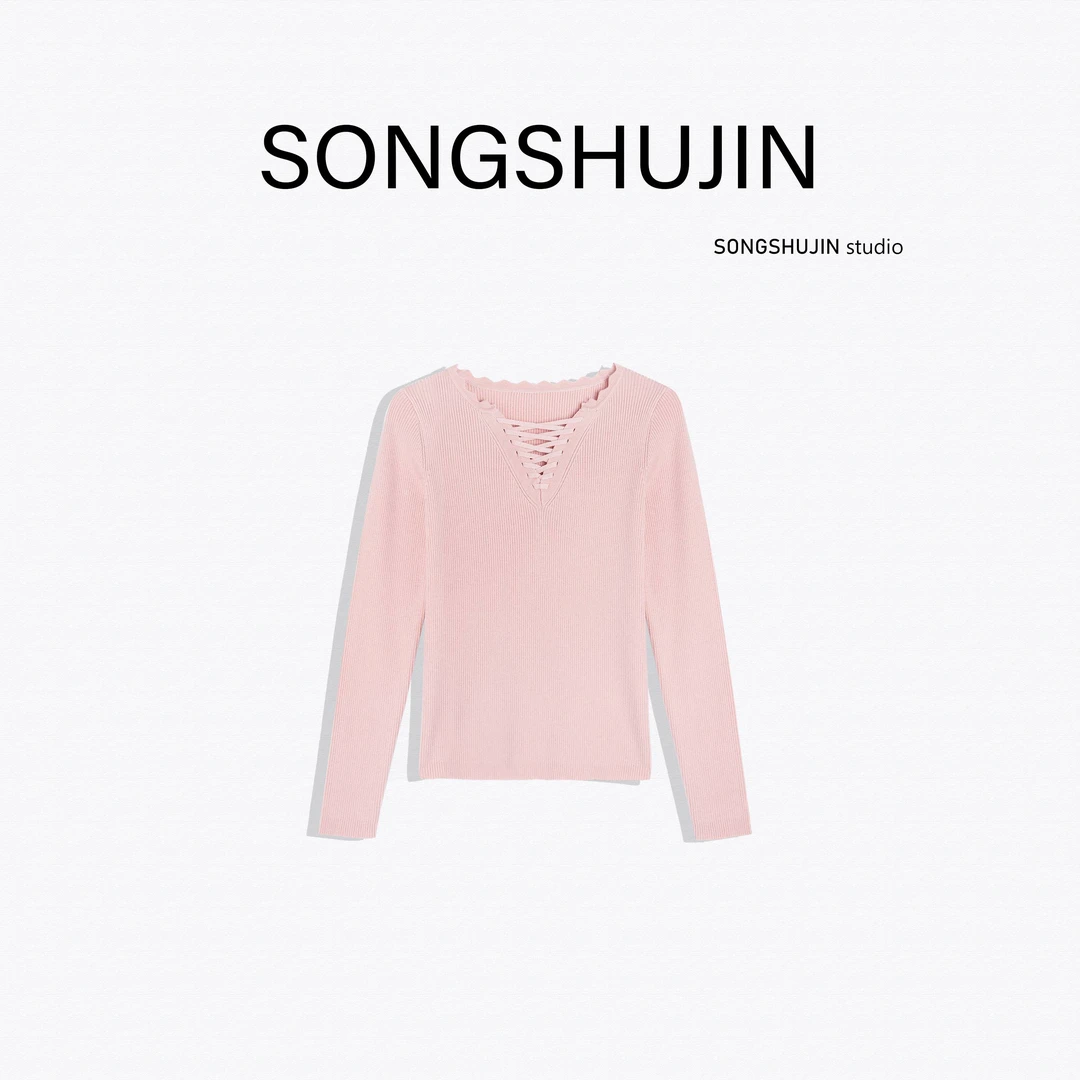 730179【温柔暮色】V领绑带修身显瘦针织衫A1