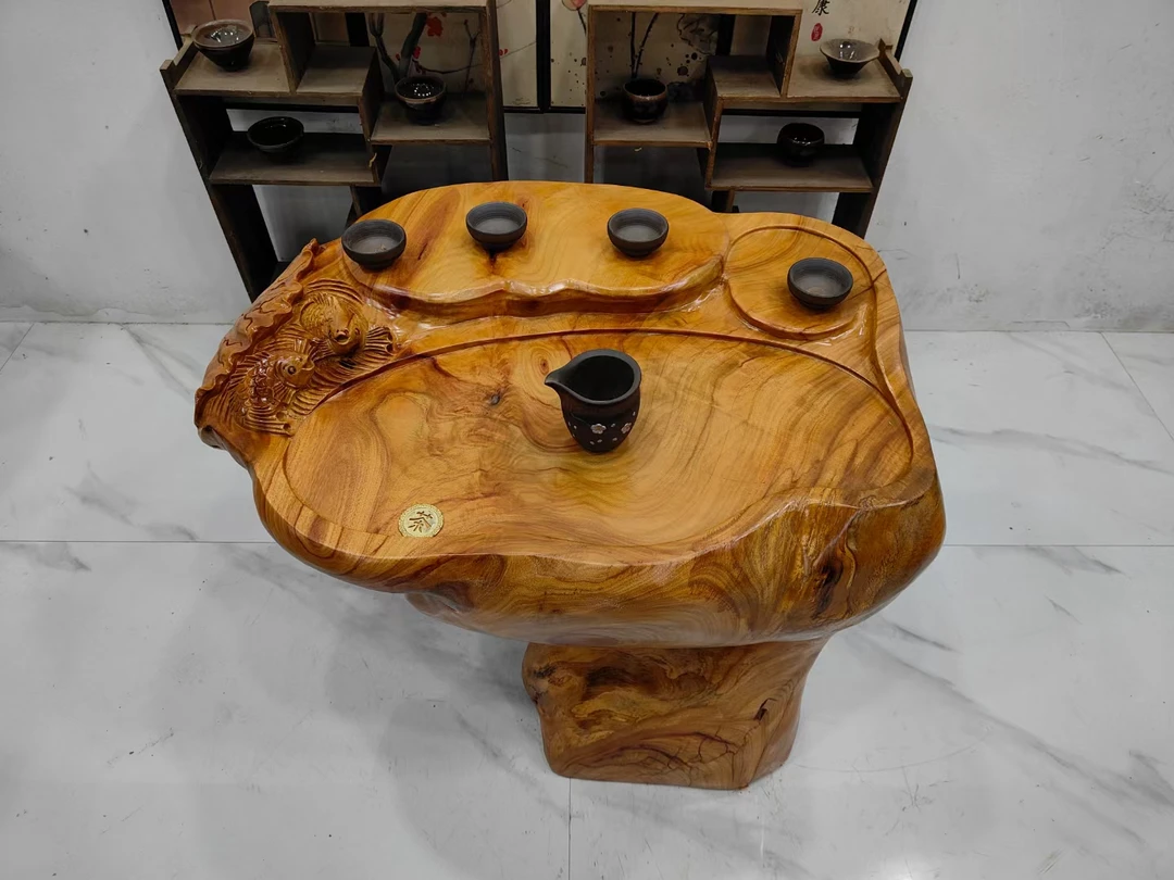 D2744香樟木整体根雕茶台阳台家用茶几年年有鱼78-56-63厘米