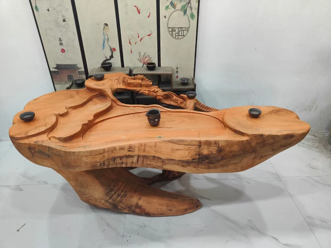D2695香樟木整体根雕茶台，阳台家用茶几，山野人家158*70*70厘米