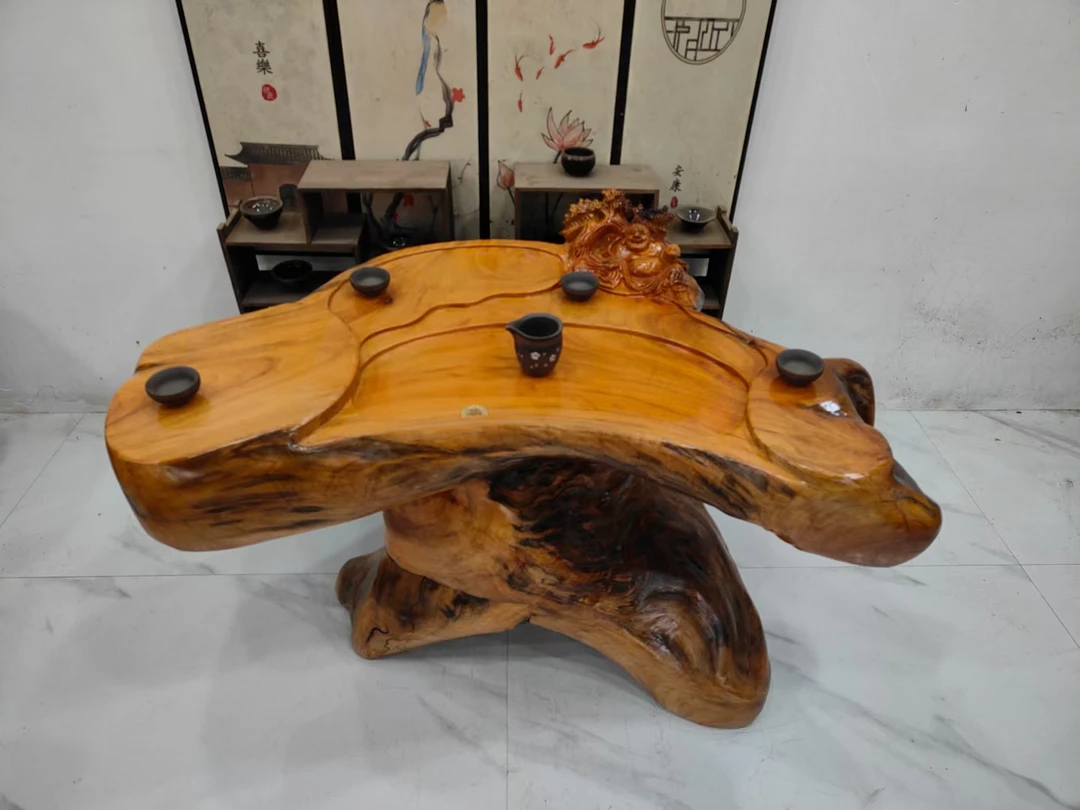 D2757香樟木根雕茶台阳台家用茶几招财弥勒造型120-58-68厘米