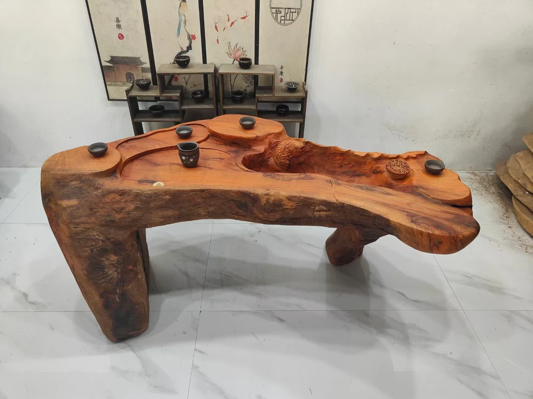 D2707香樟木整体根雕茶台，客厅家用茶几，年年有鱼158*52*70厘米