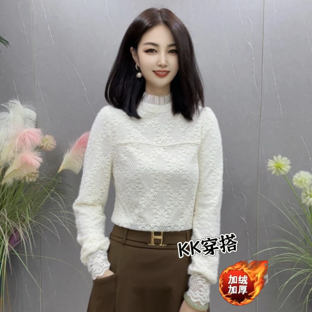 【KK】BBL683秋冬新款加绒加厚时尚长袖气质百搭设计款蕾丝上衣