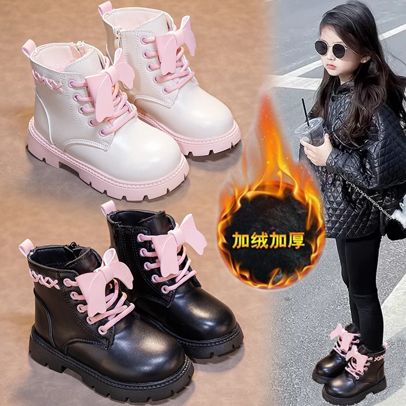 女童蝴蝶结马丁靴2025秋冬新款儿童加绒加厚短靴保暖防滑棉靴JK98