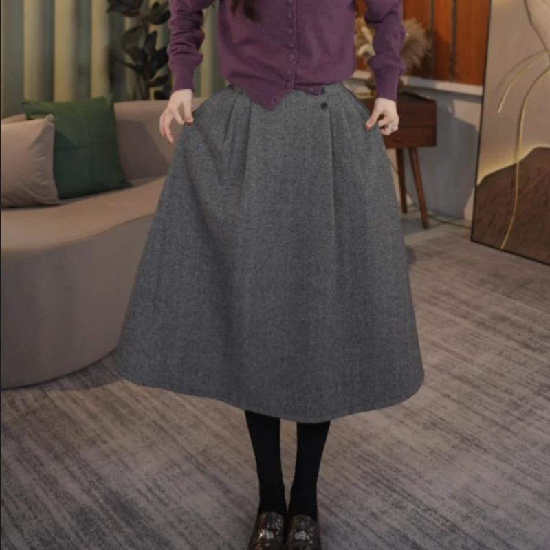 2025秋冬高腰保暖法式复古灰色半身裙女显瘦遮跨A字中长款伞裙女