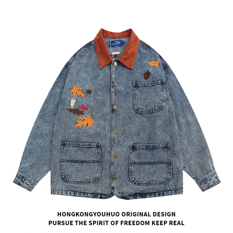 古枫叶刺绣水洗做旧牛仔中长款外套港风薄款夹克秋冬休闲情侣高街