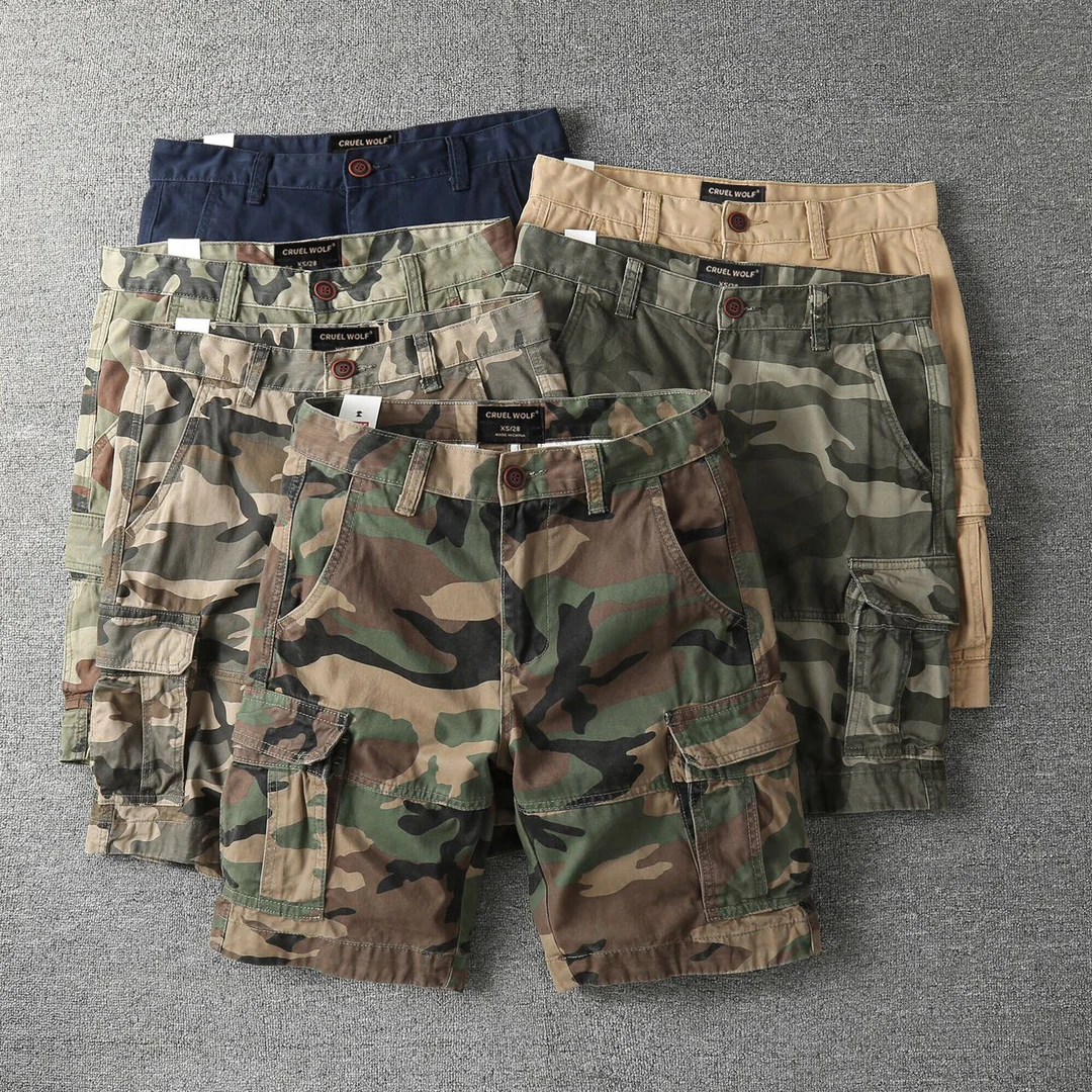 欧美复古水洗多口袋迷彩工装短裤男士宽松直筒休闲五分裤中裤夏季