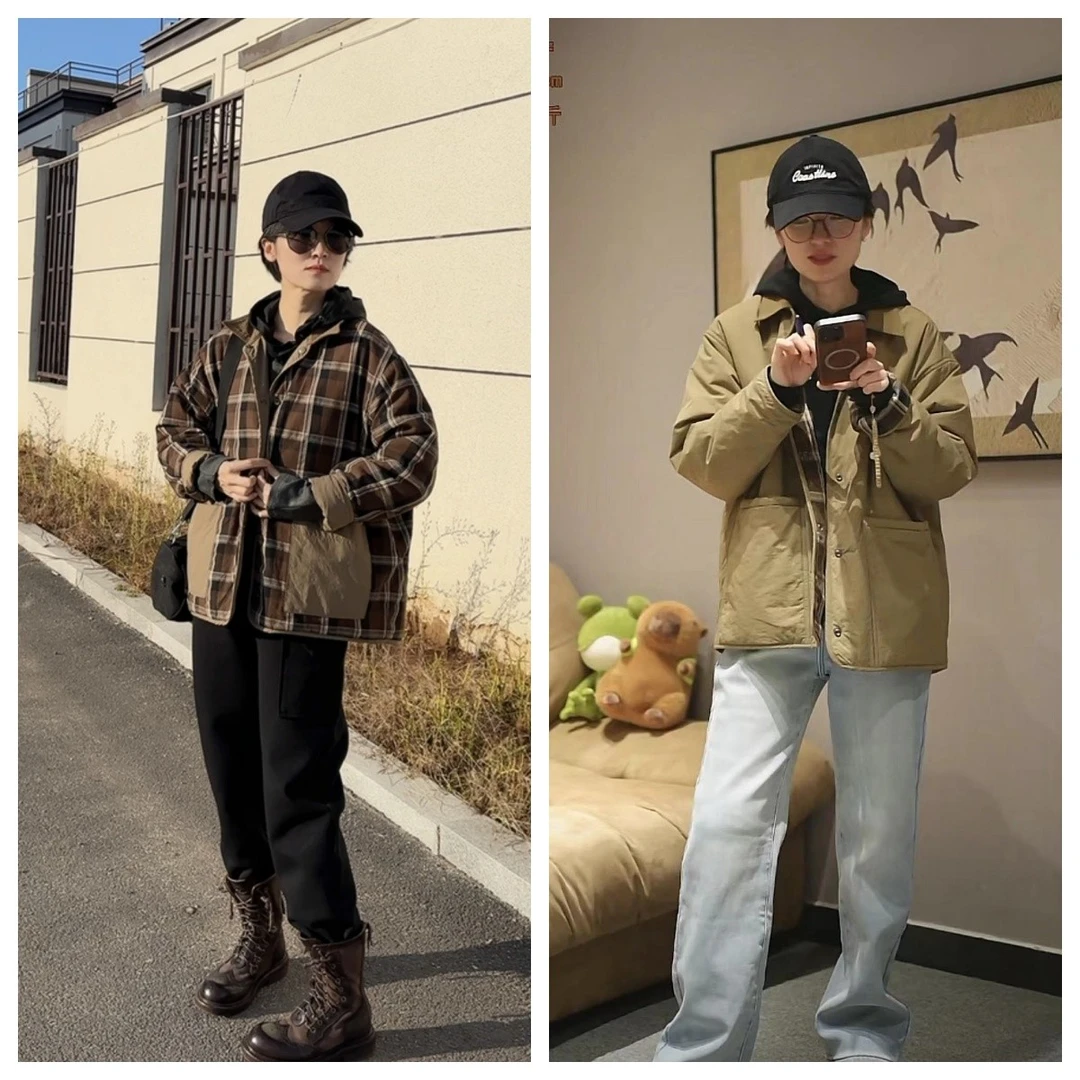 无垠海岸韩版格子翻领棉服11572