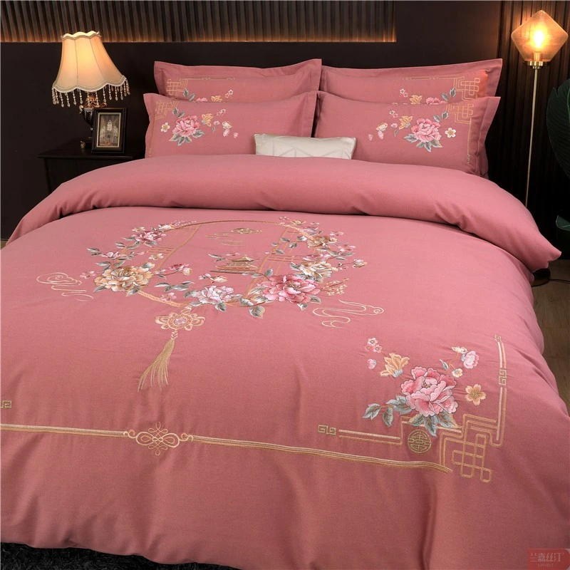 水星系列100%全纯棉加厚磨毛刺绣四件套被套床单婚庆绣花床上用品