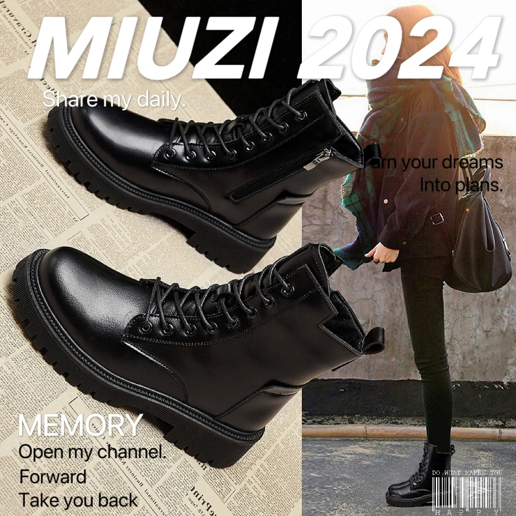 MIUZI/谬姿日系冬季增高加绒马丁靴女潮休闲百搭厚底复古切尔西鞋