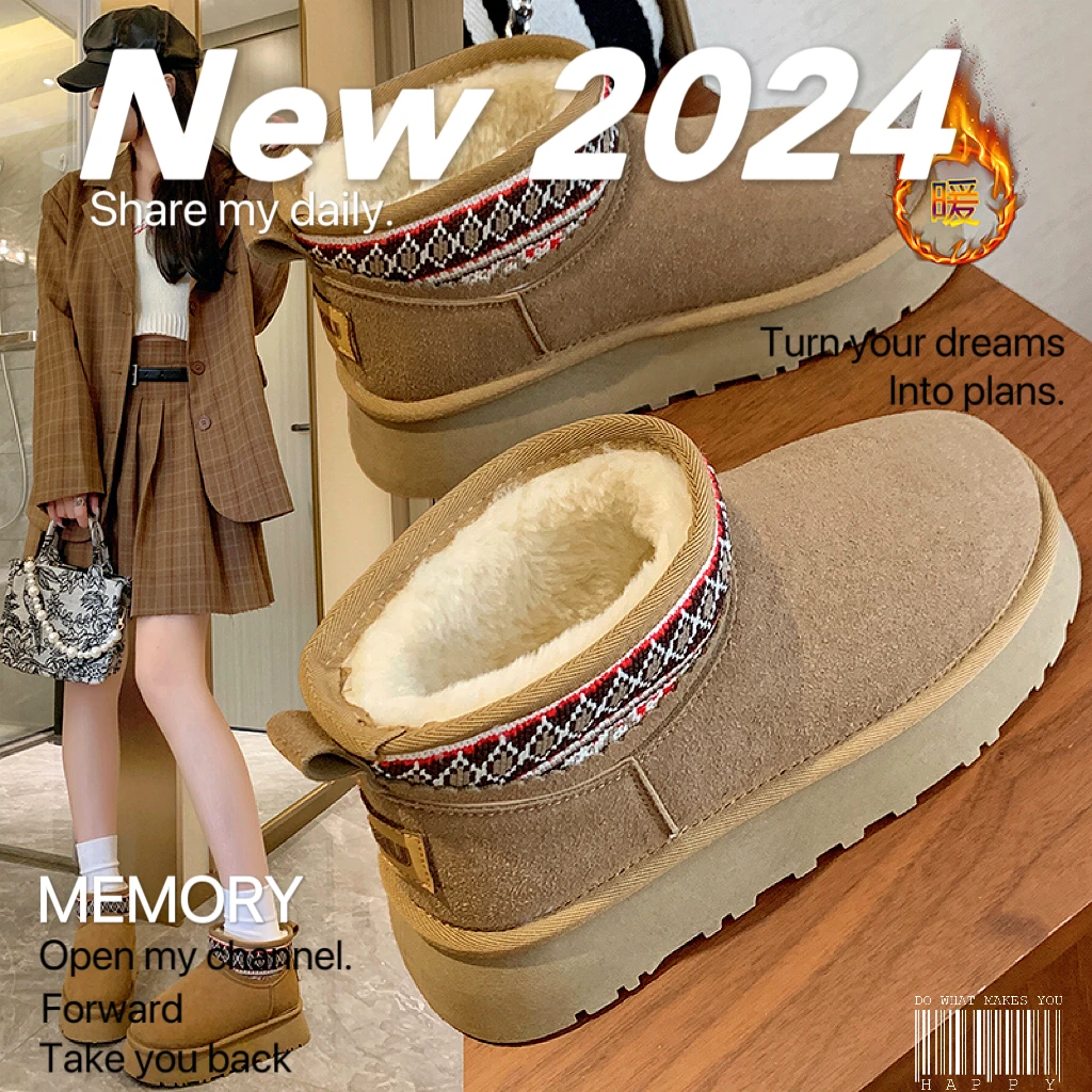 【外贸尾单】日系冬季加绒高帮雪地靴女增高潮保暖休闲棉鞋机车靴