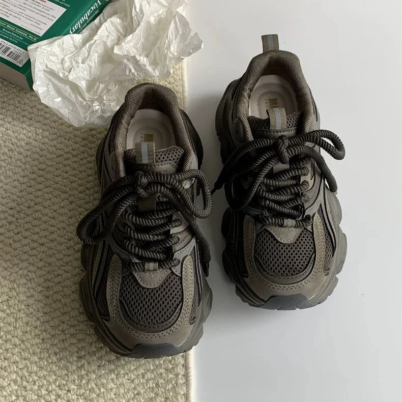 春季新款复古灰色休闲老爹鞋厚底增高百搭休闲鞋透气网面运动鞋女