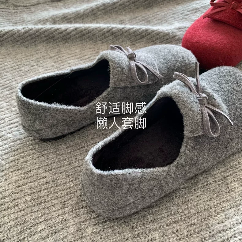 灰呢子~INS露思同款毛毛鞋女保暖秋冬慵懒风加绒棉鞋一脚蹬豆豆鞋