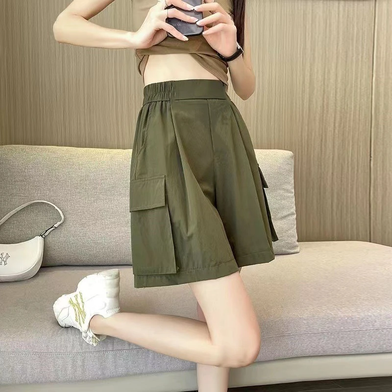 夏季薄款美式工装短裤女高腰阔腿显瘦直筒中裤冰丝速干休闲五分裤