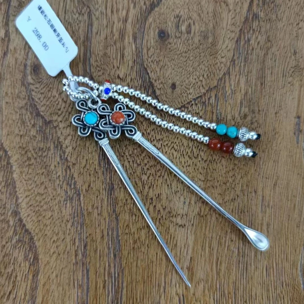 足银银制品 足银银制品 蒙艮仓民族风吉祥结镶嵌个性耳勺牙签挂件