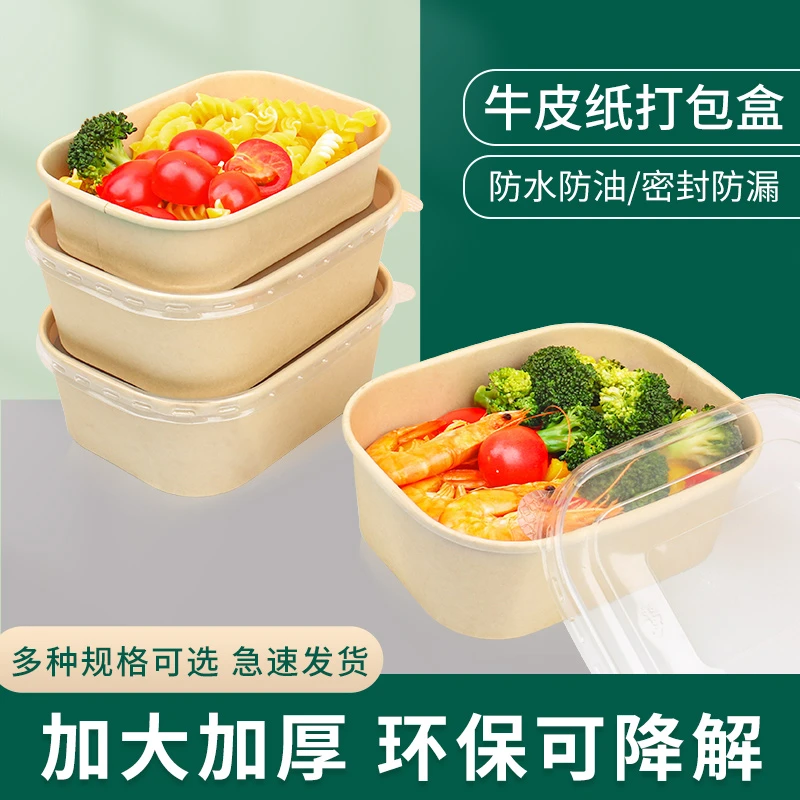 饮龙野餐露营一次性牛皮纸餐盒环保材质长方形打包饭盒沙拉便当盒