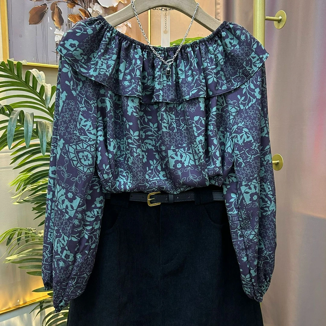 春夏显瘦圆领荷叶边衬衫上衣碎花气质衬衣长袖蓝色时尚女士印花