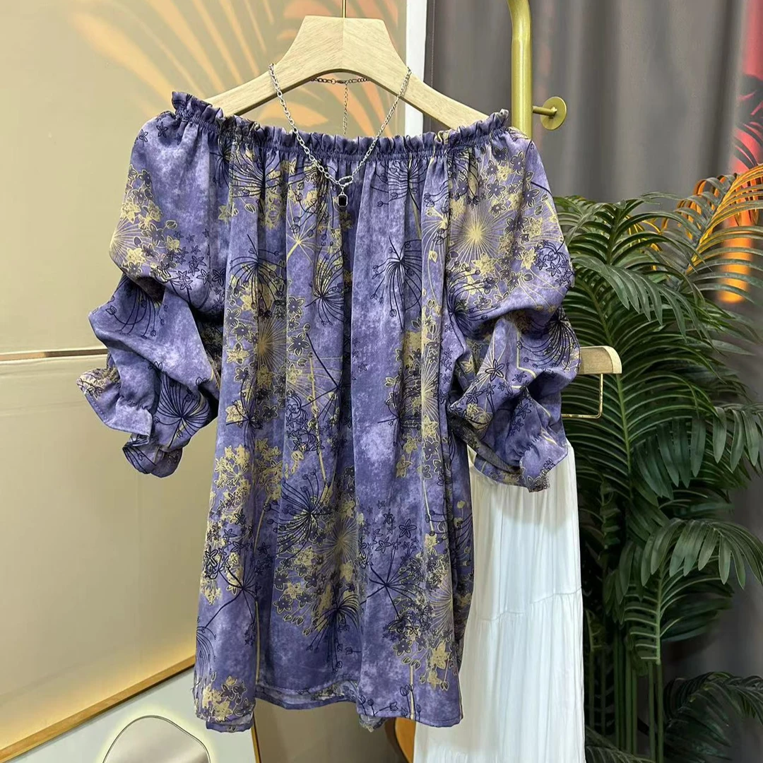 圆领一字肩衬衫上衣时尚女士夏季小衫气质休闲百搭复古宽松紫色11