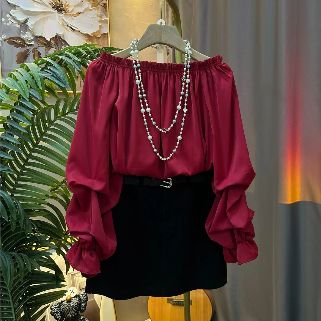 安可拉红早春圆领衬衫上衣碎花遮肉气质衬衣时尚宽松印花设计感