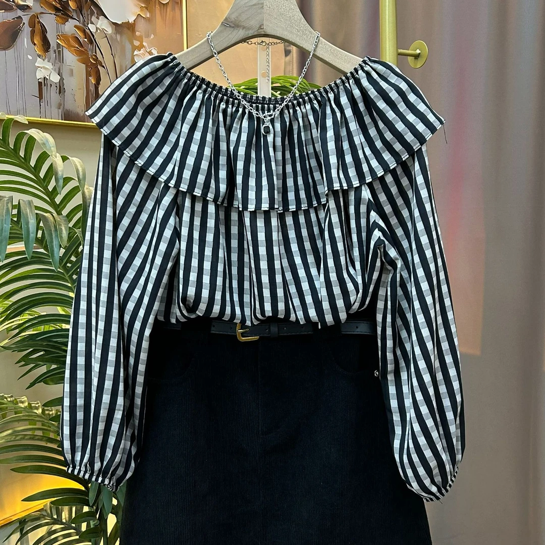 长袖黑白圆领长袖衬衫上衣一字肩碎花气质衬衣时尚宽松印花设计感