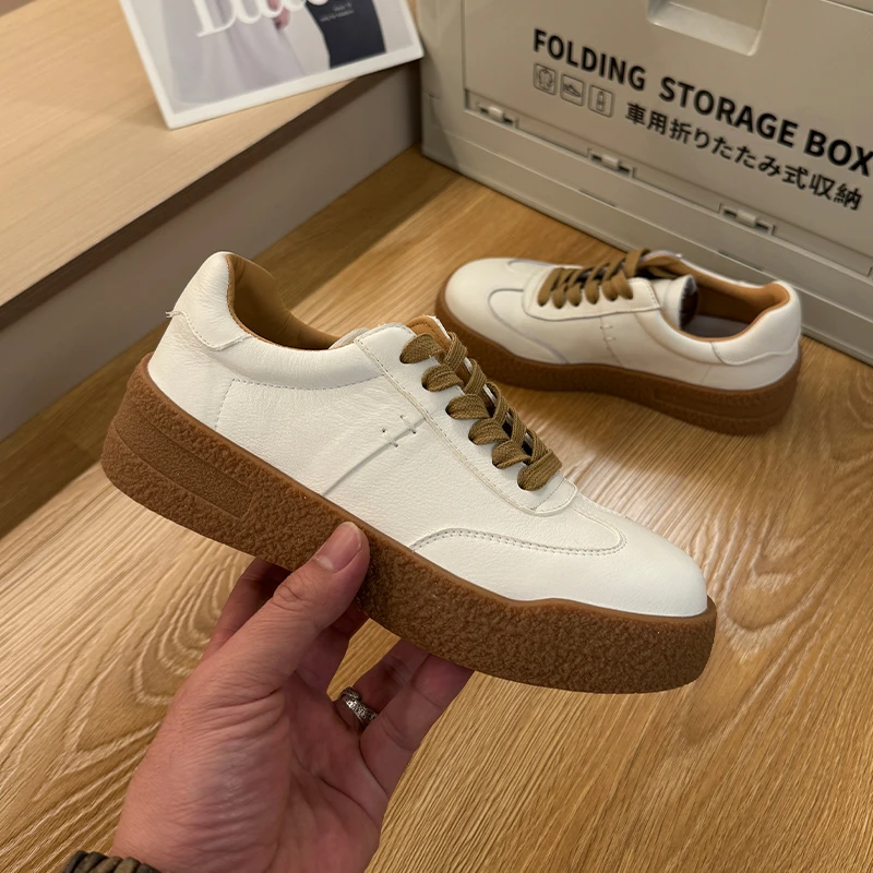 【HG】厚底女鞋2025新款休闲百搭低帮平底复古真皮英伦风增高鞋