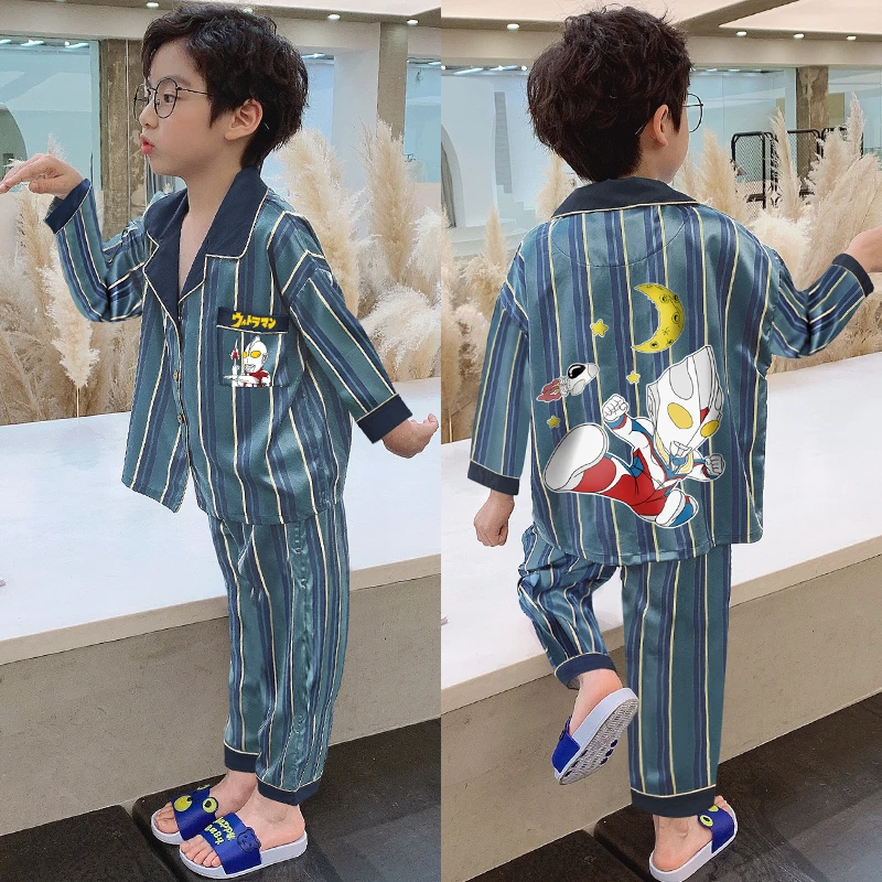 儿童睡衣男童薄款春秋季夏冰丝男孩中大童春夏天真丝绸家居服空调