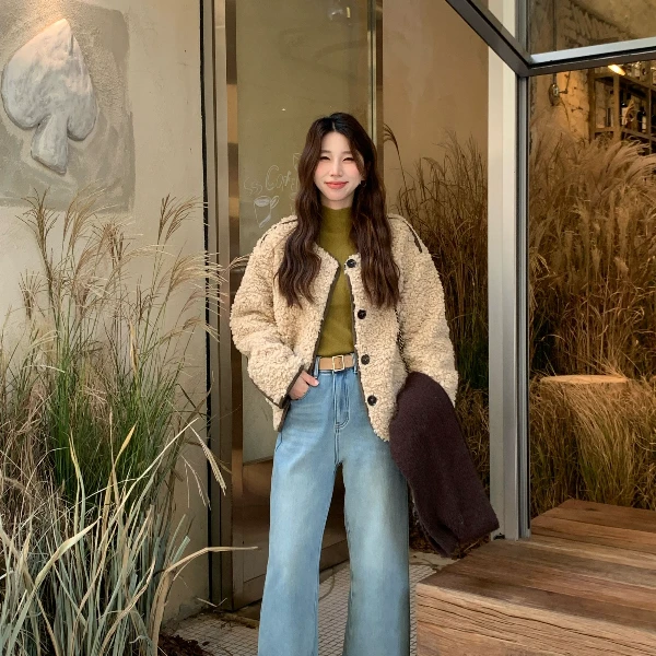 Berry 喜你而欢大庞定制 浅色高腰加绒牛仔裤阔腿显瘦百搭直筒裤