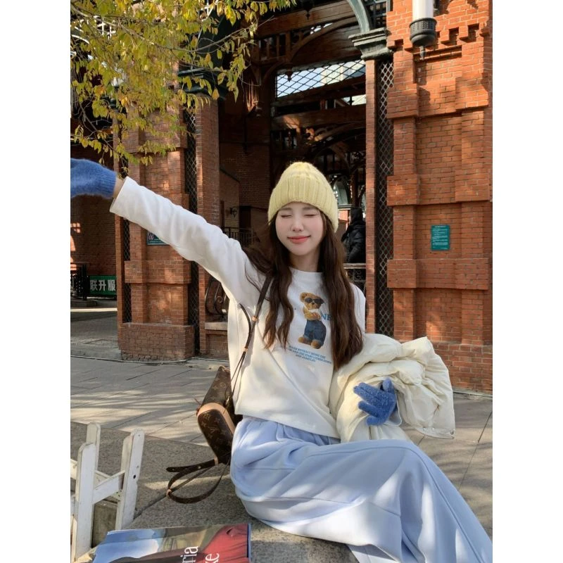 Berry 喜你而欢大庞定制 小熊印花百搭长袖T恤女宽松圆领显瘦上衣