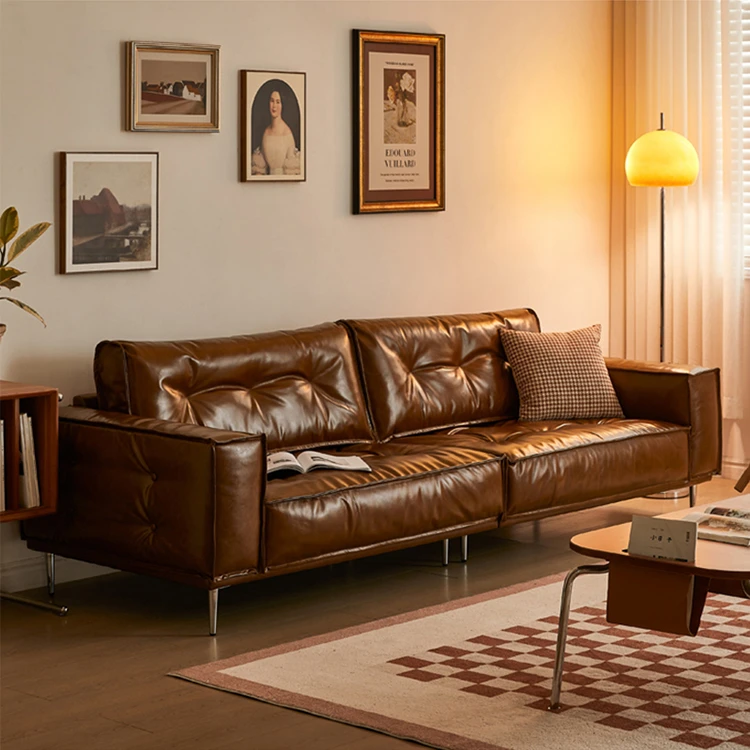 法式复古油蜡皮真皮沙发小户型直排头层牛皮豆腐块客厅久伴沙发